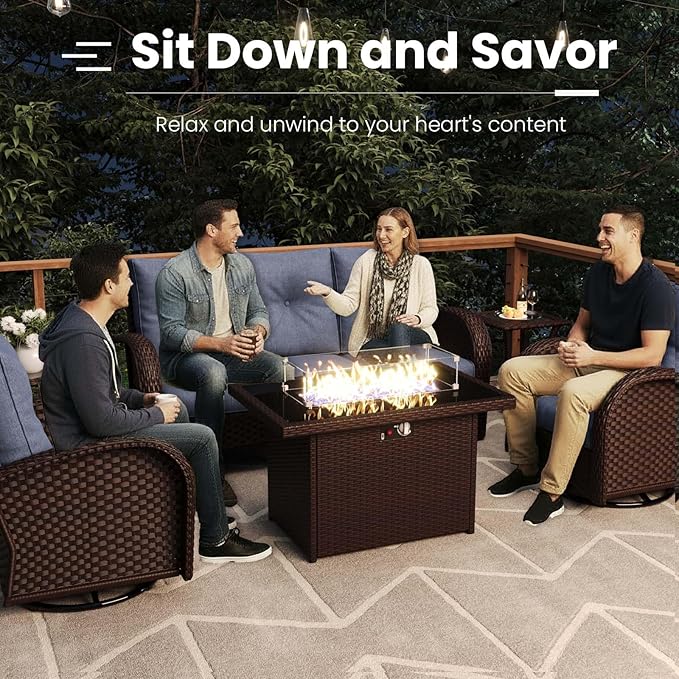 10 Pieces Patio Furniture Sets with Fire Pit Table, Wicker Rattan High Back Outdoor Swivel Rocking Chairs Set with 3-Seat Couch, Ottomans and Side Table