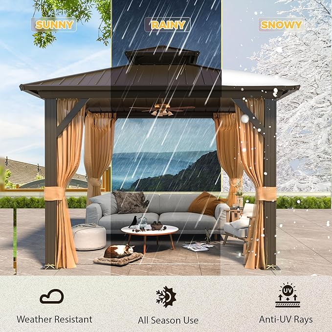 YOLENY 10' x 10' Gazebo Hardtop with Aluminum Frame,Galvanized Steel Double Roof Gazebos with Curtain and Netting,Outdoor Metal Pergolas for Garden, Lawn, Deck, Brown