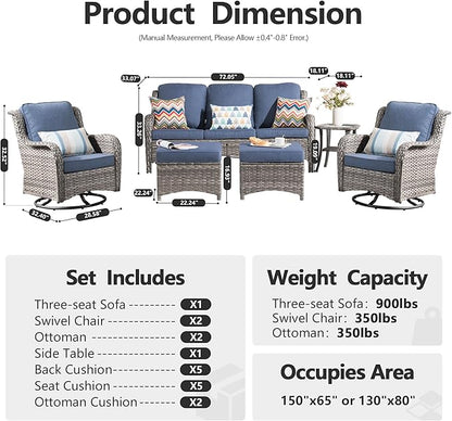HOOOWOOO Patio Furniture Set,6 Piece Outdoor Furniture Set with Swivel Chairs,Wicker Patio Conversation Couch Chairs Ottoman Set,Denim Blue