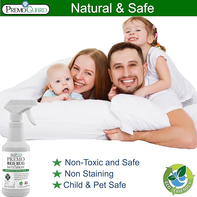 Premo Guard Bed Bug Killer Spray 16 oz - University Tested 100% Kill Rate - Natural Non Toxic, Stain & Scent Free - Kill Bedbugs & Mites On Bed & Blankets, Furniture, Clothing - Child & Pet Safe