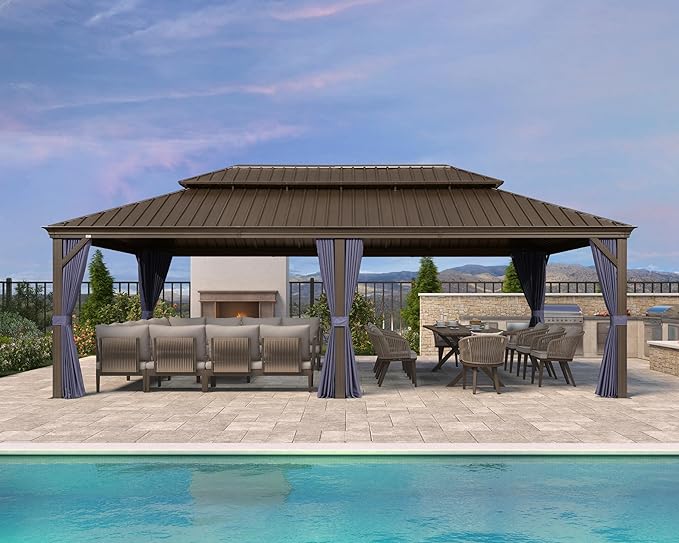 PURPLE LEAF 14' X 24' Outdoor Hardtop Gazebo Patio Wide Aluminum Frame Metal Double Roof with Heavy Duty Netting and Curtains for Permanent Hard Top Pavilion Screen, Navy Blue