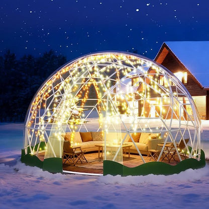 12FT Garden Dome Tent, Geodesic Dome Greenhouse with PVC Clear Cover, Waterproof Garden Bubble Dome Tent House with 2 x 10M Light Strings for Outdoor, Patio, Backyard, Party (Green Edge, 12.5FT/3.8M)