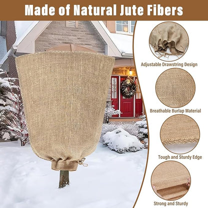 Riare 2 Packs 40 × 47 Inch Burlap Winter Plant Cover Bags with Drawstring- Reusable Large Burlap Sack Plant Frost Protector, Plant Frost Cloth Cold Tree Freeze Blanket for Outdoor Plants Shrubs Fruit