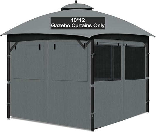Gazebo Privacy Curtain 10'x12', Replacement Curtains with Mosquito Net Windows, 4-Panels Side Wall, Zippers, Waterproof Outdoor Curtains for Patio, Canopy, Garden and Backyard, Gray (Curtain Only)