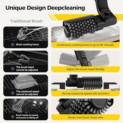Electric Rotary Grill Brush for Outdoor Grill, 3-Speed Power Control, 304 Stainless Steel BBQ Grill Brush with No Bristle Shedding, 90 Mins Extended Runtime Grill Cleaning Brush