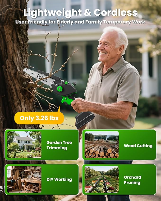 Mini Chainsaw Cordless, 8 inch & 6 inch Electric Chain Saw with 2 Pack Rechargeable Batteries, Battery Powered Handheld Saw for Trees Trimming Wood Cutting, Perfect Gardening Tools for Men Dad Husband