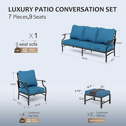 HERA'S HOUSE 7 Piece Patio Furniture Set, 4 x Leg Chair, 2 x Cushioned Ottoman, 1 x 3-Seat Sofa, All Cushioned 9 Seats Metal Outdoor Conversation Set for Lawn Garden Backyard