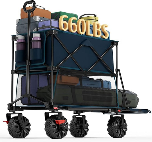 Portal Collapsible Large Double Decker Wagon with Brakes, 660lb Foldable Heavy Duty Utility Wagon Cart, 400L All-Terrain Big Wheels & 54" Extra Long Extender for Sports, Camping & Outdoor Use
