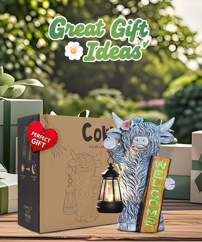Nacome Highland Cow Garden Statue for Decor: Outdoor Sculpture with Solar Lantern and Welcome Sign for Outside Ornament Yard Art Lawn Porch Patio Balcony - Birthday Gifts for Women Mom(Gray)