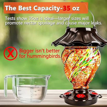 LUJII Solar Hummingbird Feeder for Outdoors Hanging with Color Changing, Hand Blown Glass, 35 fl.oz, Never Leak, Lighted Lantern for Garden Decoration, Unique Gift for Bird Lovers, Red