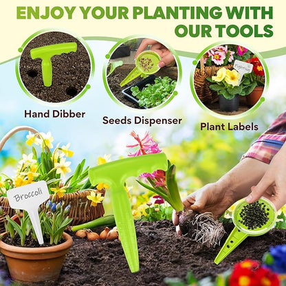 Seed Planter Tool, 6.9" Dibber Garden Tool, Plastic Dibbler Tools for Planting, Seed Dispenser, Bulb Digger Garden Planter for Sowing Seeds, Bulbs, Digging (with Plant Labels)
