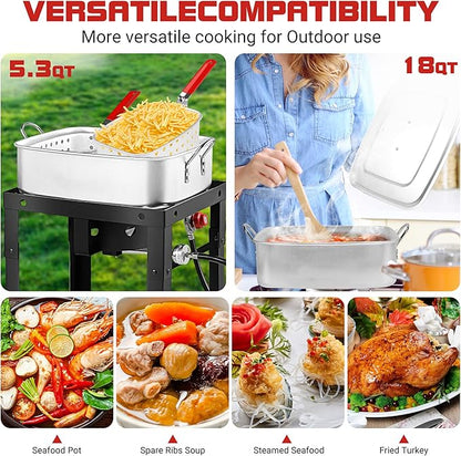 OT1808-LID-Propane Deep Fryer with 18Qt Square Deep Fryer Pot – High Grade Strainer Basket Aluminum Pot for Fish Fry, Seafood Pot – Propane Burners for Outdoor Cooking Include Lid