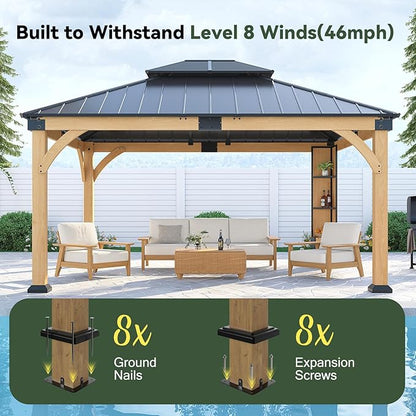12x14 ft Cedar Wood Gazebo with Sunlight Roof &Storage Cabinet, Hardtop Gazebo with Galvanized Steel Double Roof, Heavy Duty Pavilion for Patio Lawn and Garden