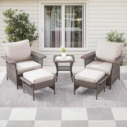 5 Pieces Wicker Patio Furniture Set - Hollow Widen Armrests Outdoor Rattan Chairs with Ottomans and Side Table, Small Patio Convention Set for Balcony Porch Deck and Yard - Brown/Beige