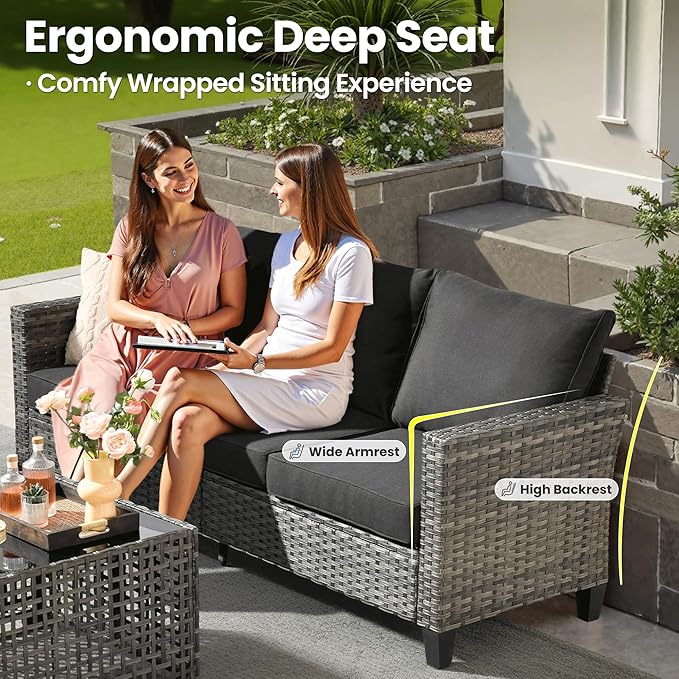 ovios 8 Pieces Patio Furniture Set with Swivel Chairs Rocking Gliders, Outdoor Sofa Couch with Solar Lights Table Comfy Cushions, Modern Deep Seat Wicker Rattan Conversation Set, Black