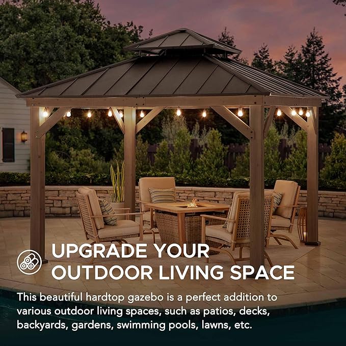 SUNJOY 11 x 11 ft. Wood Gazebo Standard Cedar Framed Gazebos with Black Double Steel Hardtop Roof for Garden, Backyard Shade, Dark Brown Roof + Dark Wood Frame
