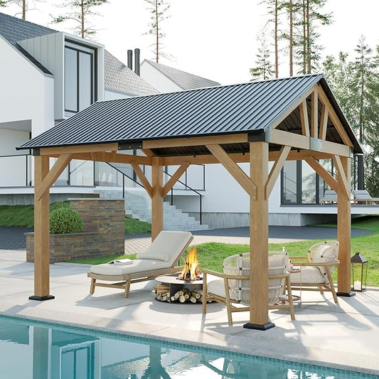 AMERLIFE 10x12 ft Spruce Wood Gazebo, Hardtop Pergola with Metal Steel Roof, Outdoor Gazebo with Guest House for Garden, Porch, Patio, Black + Natural Wood