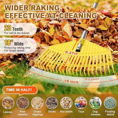 Garden Rake for Leaves - Extra Wide 18" Leaf Rake,Lightweight Long Handle for Women Seniors Kids Effortless Clean-Up,23 Non-Clog Flexible Tines for Lawn-Friendly,80” Adjustable Plastic Rakes for Yard