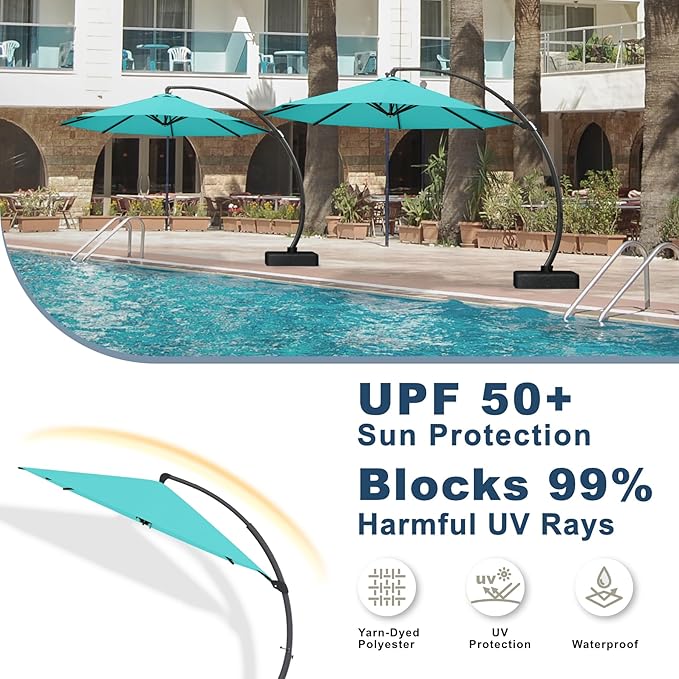 11FT Cantilever Umbrella with Base Large Curvy Outdoor Aluminum Offset Umbrella w/ 360° Rotation, UV Resistant Canopy for Patio, Garden, Backyard, Turquoise Blue