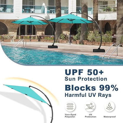11FT Cantilever Umbrella with Base Large Curvy Outdoor Aluminum Offset Umbrella w/ 360° Rotation, UV Resistant Canopy for Patio, Garden, Backyard, Aqua Blue