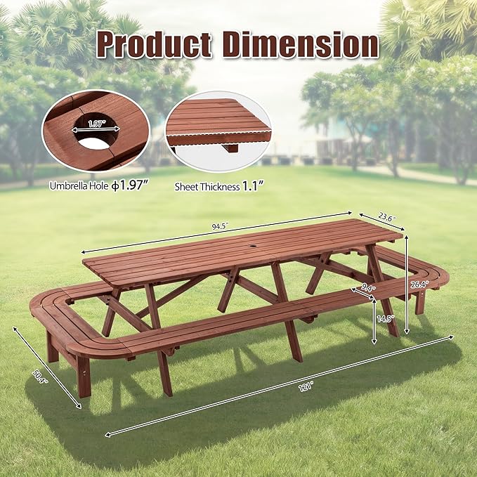 16-Person Picnic Table Set with Attached Benches & Umbrella Hole,Rectangle Brown Outdoor Wood Dining Table & Chairs for Patio Yard Garden Porch Deck