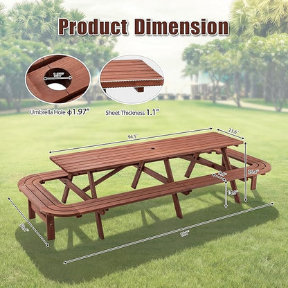 16-Person Picnic Table Set with Attached Benches & Umbrella Hole,Rectangle Brown Outdoor Wood Dining Table & Chairs for Patio Yard Garden Porch Deck