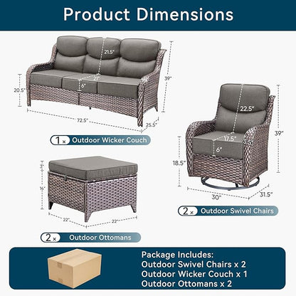 Luxury High Back Outdoor Furniture with 6-Inch Thick Cushions, Patio Furniture Set with Swivel Chairs, 5 PCS Wicker Conversation Set for Porch, Balcony, Deck and Yard