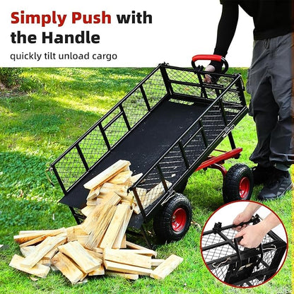 880 Lb Tire Steel Garden Dump Cart, Heavy-Duty Dump cart Wagon and Wagons with 4-Side Removable Mesh and 180° Swivel Handle, 10" Tires, Patio Dump Cart Utility Wagon, Metal Push Trolley