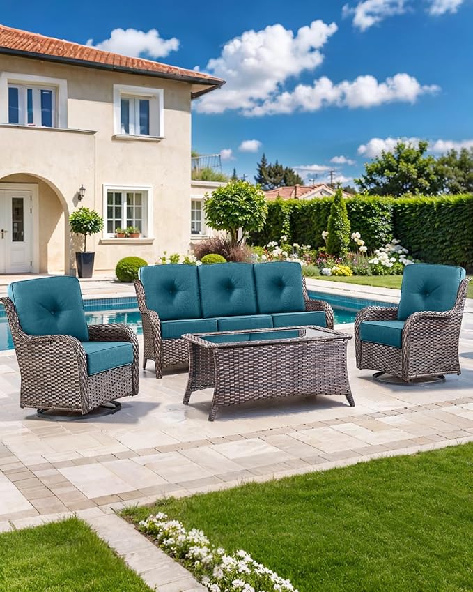 Luxury 22x24/22x25 6-Inch Outdoor Cushions - Water Repellent 1 Set Patio Back&Seat Cushion for Wicker Dining Rocking Swivel Chairs Loveseat Couch Sectional Sofa - Peacock Blue