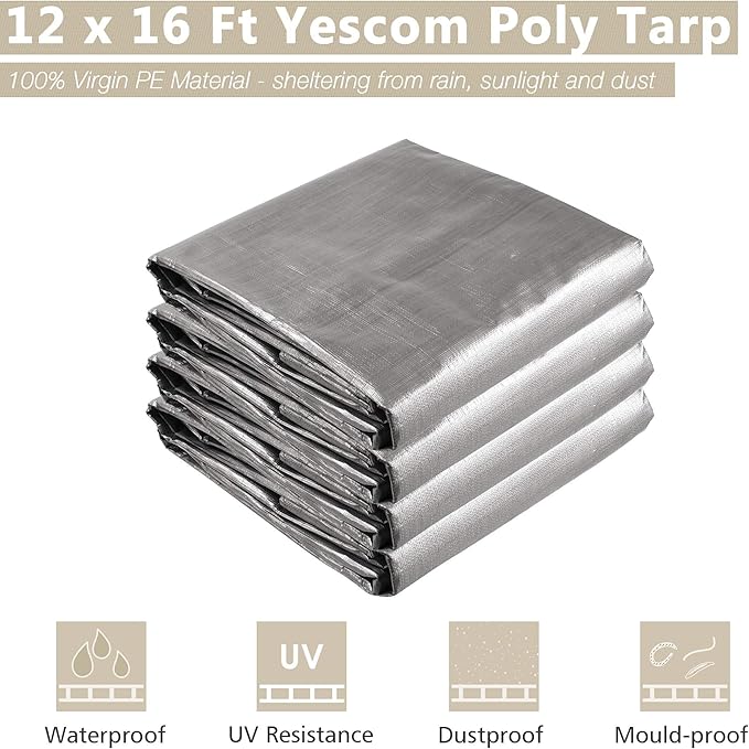 Yescom 12x16Ft 14 Mil Heavy Duty Reinforced Poly Tarp Reversible Waterproof Tarpaulin Ground Sheet Cover Reversible Silver Black Tarps