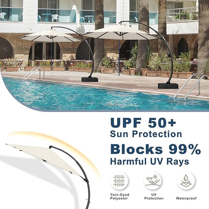 11FT Cantilever Umbrella with Base Large Curvy Outdoor Aluminum Offset Umbrella w/ 360° Rotation, UV Resistant Canopy for Patio, Garden, Backyard, Creamy White