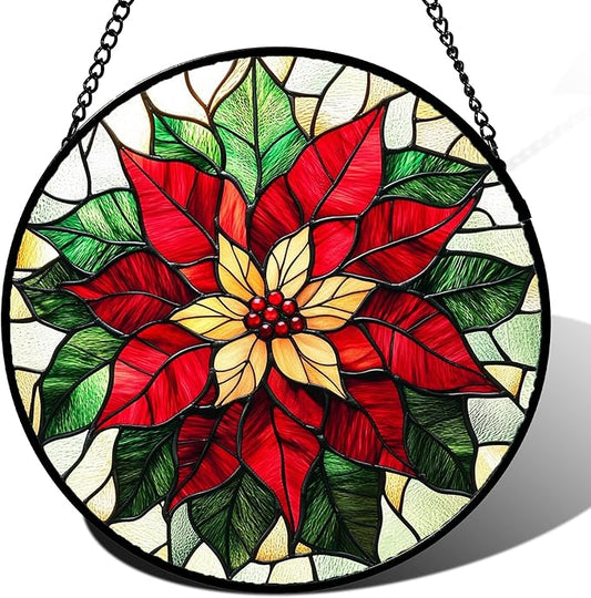 Stained Glass Window Hanging - Red Poinsettia Birth Flower Sun Catcher for Door Garden Home Decor Suncatcher Christmas Mother's Day Birthday Gifts for Women Men Mom Girl Nana Friend 7.8 in