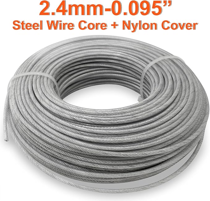 Grass Trimmer Line Nylon Steel 0.095'' 164ft/50m Round String Trimmer Spool Replacement, Steel Metal Core and Nylon Coating for Tough Weeds in Gardens and Lawns