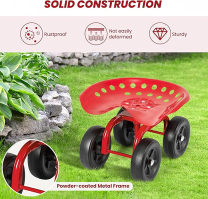 Rolling Garden Seat, Garden Cart with 360° Swivel Work Seat & Adjustable Height, Heavy Duty Garden Seat with Wheels for Lawn Yard Patio Greenhouse Planting Cleaning (Red)