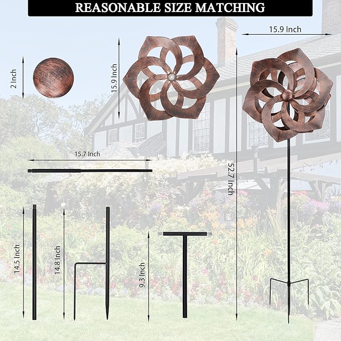 WONDER GARDEN Wind Spinner - Wind Spinners Outdoor, Outdoor Metal Windmills, 4.4 Ft Retro Brown Wind Sculptures Spinner Lawn Ornaments Wind Spinner for Yard, Lawn and Garden