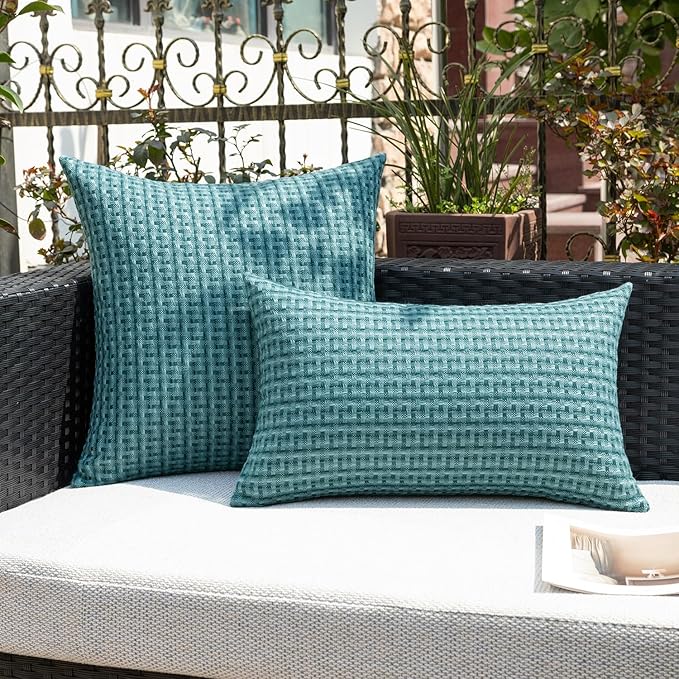 Kevin Textile Outdoor Waterproof Throw Pillow Covers Pack of 2 Weaving Texture Water Resistant Outside Decorative Cushion Covers for Garden Patio Tent Balcony Bench Couch Sofa 16x16 Inch, Teal