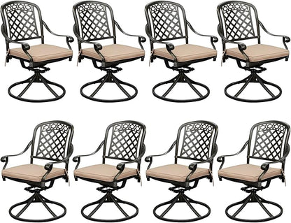 Set of 8 Cast Aluminum Patio Chairs with Cushions, All-Weather Aluminum Outdoor Swivel Chairs, Metal Outdoor Rocking Chairs for Backyard, Poolside and Bistro (Khaki, 8 Pieces)