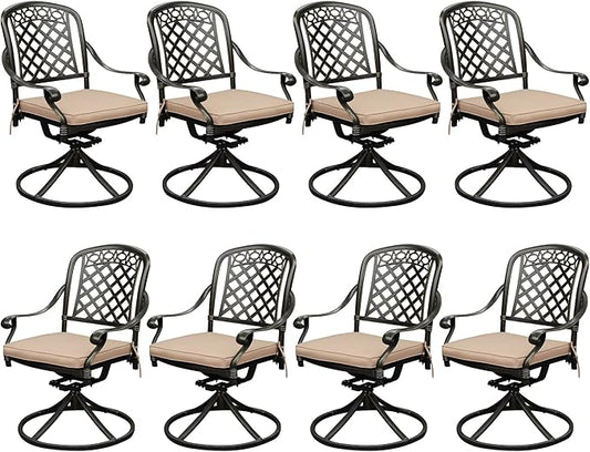 Set of 8 Cast Aluminum Patio Chairs with Cushions, All-Weather Aluminum Outdoor Swivel Chairs, Metal Outdoor Rocking Chairs for Backyard, Poolside and Bistro (Khaki, 8 Pieces)