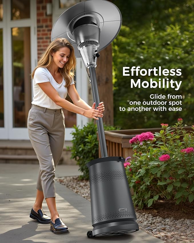 50,000 BTU Patio Heater for Outdoor Use With Adjustable Heat Focusing Top, Portable Propane Patio Heater with Wheels, Stainless Steel Burner for Porch Deck Garden (Grey)