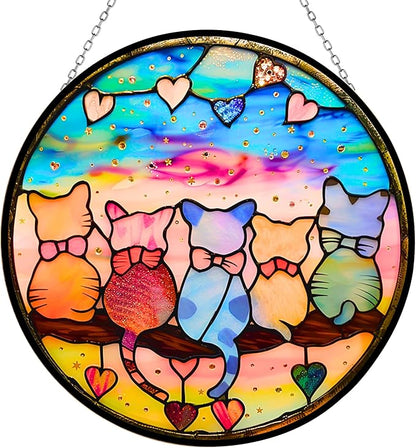 Valentine Stained Glass Window Hanging - 5 Cats on a Branch Suncatcher for Window Doors Home Decoration and Christmas Wall Decor, Mother's Day Birthday Gifts for Women, Mom, Lovers 6.3 in