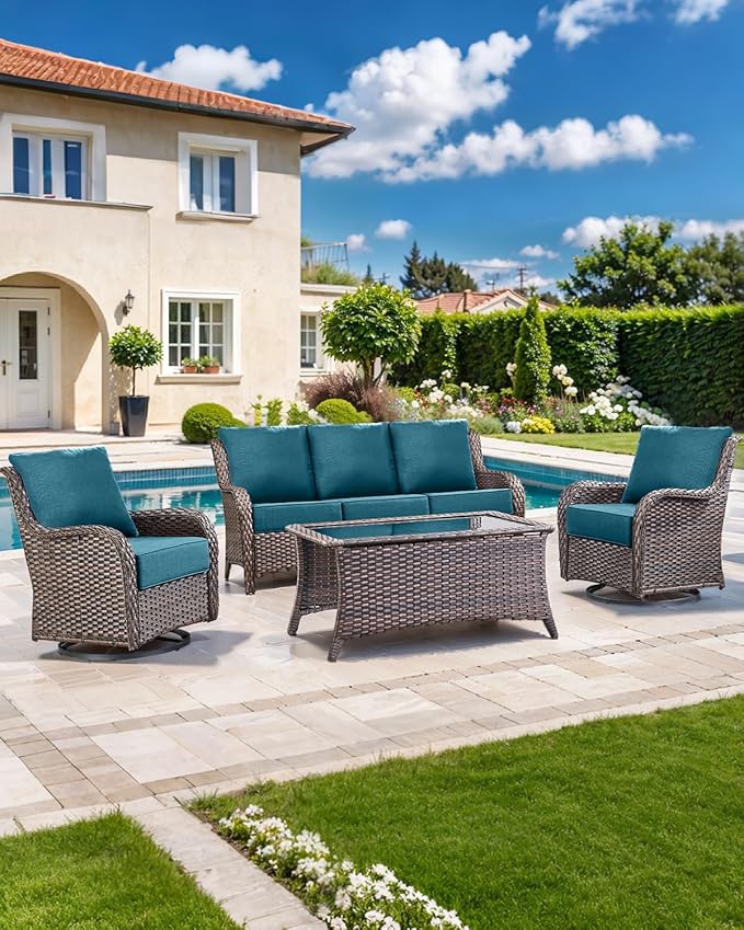 Luxury 22x24/22x25 6-Inch Outdoor Cushions - Water Resistant 1 Set Patio Back&Seat Cushion for Wicker Dining Rocking Swivel Chairs Loveseat Couch Sectional Sofa - Peacock Blue