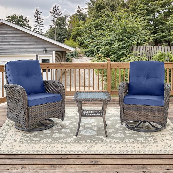 Outdoor Swivel Glider Rocker Chairs - 3 Piece Patio Furniture Set, Patio Bistro Sets with Tempered Glass Side Table, for Balcony, Porch - Brown Wicker, Blue Cushion