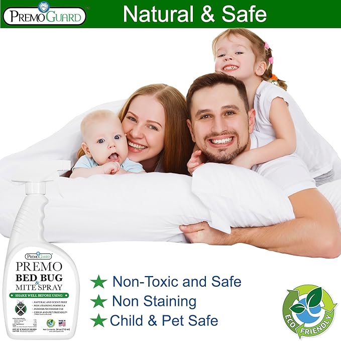 Premo Guard Bed Bug Killer Spray 24 oz - University Tested 100% Kill Rate - Natural Non Toxic, Stain & Scent Free - Kill Bedbugs & Mites On Bed & Blankets, Furniture, Clothing - Child & Pet Safe