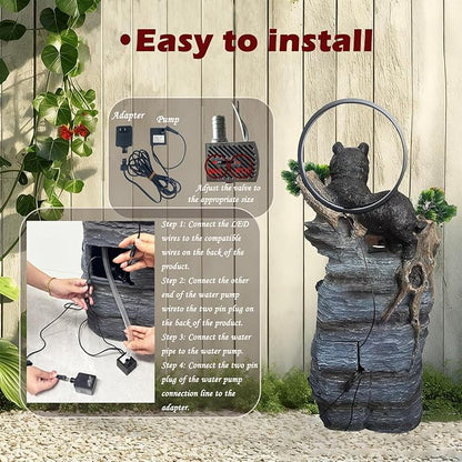 38.2" H Bear Outdoor Fountain with LED Lights and Five Tiered Waterfall Water Features,Suitable for Courtyard,Gardenand Indoor Decoration