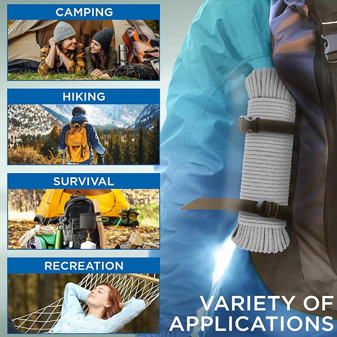 TECEUM Cotton Rope 3/16” (5 mm) – 50 FT – Strong All-Purpose Braided Rope – Natural Cotton – for Crafting, Сamping, Clothes Line, DIY, Indoor & Outdoor Use – Light Gray