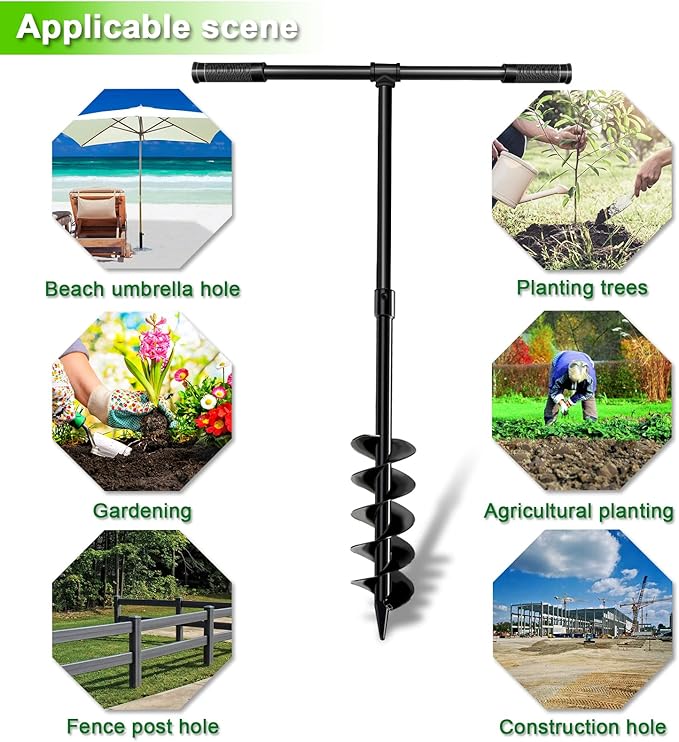 LONGRUN T-Shaped Garden Auger Drill Bit for Planting, Hand Operated Spiral Post Hole Digger, Easy Rapid Planter for Bulbs Flowers, Trees, Seedlings Planting, Bedding, Umbrella Holes-4 & 6x38 Inch Set