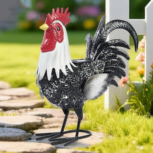 Metal Rooster Statue Yard Decor - 15" Solar Light Metal Yard Art Standing Chicken Statue Garden Decoration, Large Animal Sculpture Chicken Themed Gift for Outdoor Porch Patio Backyard Lawn Ornament