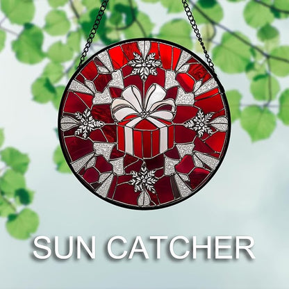 Stained Glass Window Hanging 4 Pcs Set Red Christmas Decorations Theme Large 15" - Suncatcher Door Garden Sun Catcher Decor Birthday for Mom Woman Nana Men Friend Wife
