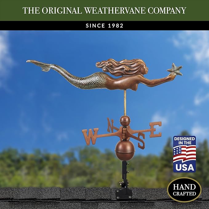 Mermaid with Starfish Weathervane - Pure Copper Hand Finished Multi-Color Patina by Good Directions