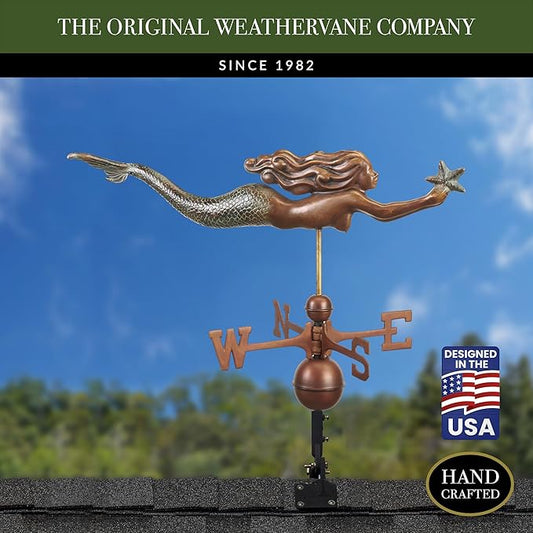 Mermaid with Starfish Weathervane - Pure Copper Hand Finished Multi-Color Patina by Good Directions